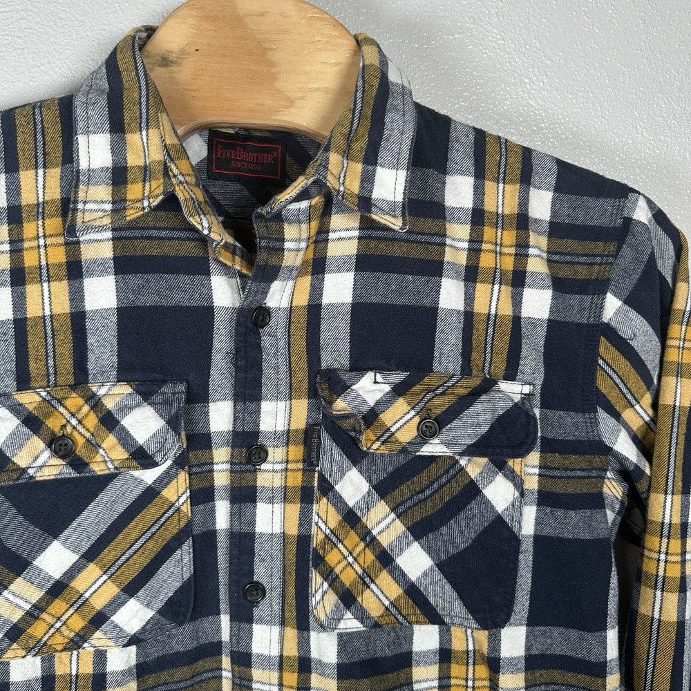 Five Brothers Flannel Heavyweight Shirt Mens Large Blue Yellow‎ Plaid Pockets